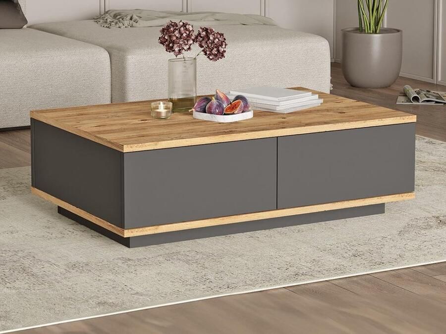 Vente-unique Salontafel met 2 deurtjes Naturel en antraciet LOTULA L 90 cm x H 28.6 cm x D 60 cm