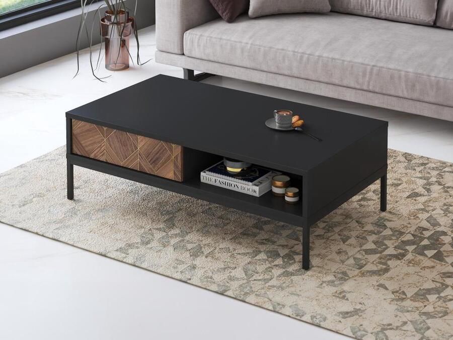 Vente-unique Salontafel met 2 lades en 2 nissen Zwart en donker naturel MIALINE L 120 cm x H 38.4 cm x D 67 cm