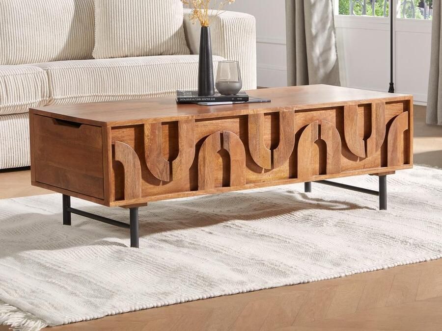 Vente-unique Salontafel met 2 lades in mangohout en zwart metaal Naturel MIZORAM van Maison Céphy L 119 cm x H 40 cm x D 50 cm