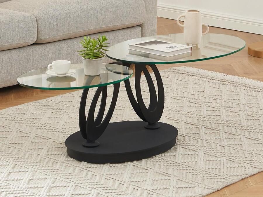 Vente-unique Salontafel met draaiende bladen in gehard glas en metaal Transparant en zwart MAYANI van Maison Céphy L 148 cm x H 44 cm x D 58 cm