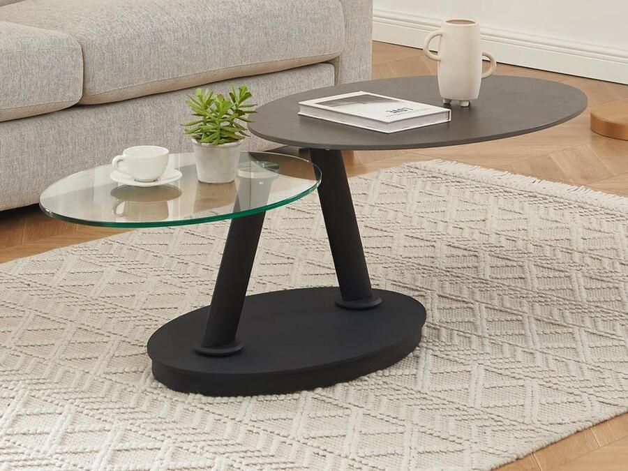 Vente-unique Salontafel met draaiende bladen in keramiek gehard glas en metaal Donkergrijs en zwart TANIOLI van Maison Céphy L 152 cm x H 44.5 cm x D 60 cm