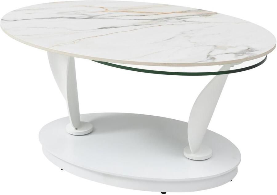 Vente-unique Salontafel met draaiende bladen in keramiek gehard glas en metaal Witte marmerlook MANEYA van Maison Céphy L 150 cm x H 43 cm x D 60 cm - Foto 2