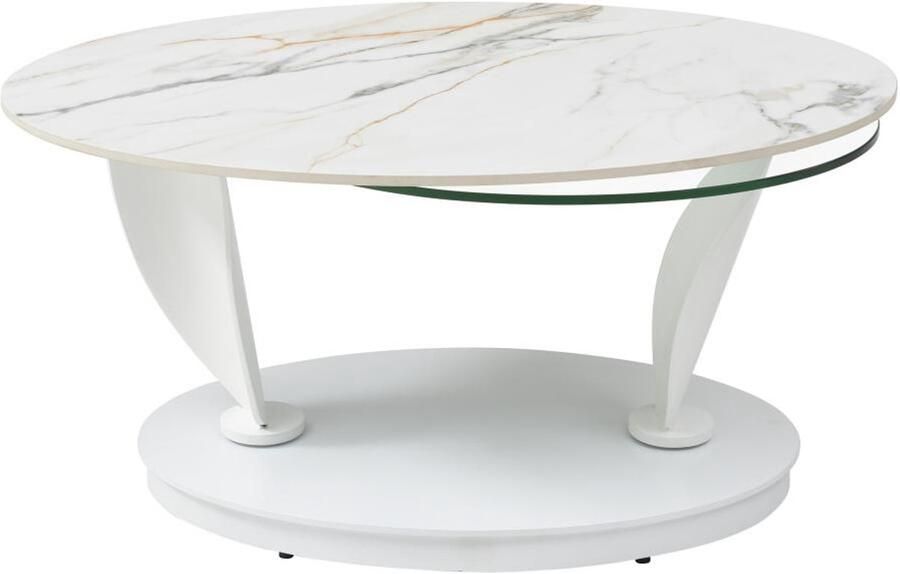 Vente-unique Salontafel met draaiende bladen in keramiek gehard glas en metaal Witte marmerlook MANEYA van Maison Céphy L 150 cm x H 43 cm x D 60 cm