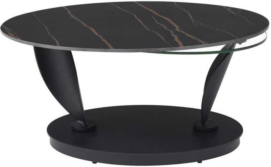 Vente-unique Salontafel met draaiende bladen in keramiek gehard glas en metaal Zwarte marmerlook MANEYA van Maison Céphy L 150 cm x H 43 cm x D 60 cm