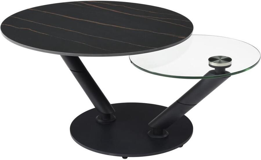 Vente-unique Salontafel met draaiende bladen in keramiek gehard glas en metaal Zwarte marmerlook ELDOVA L 130 cm x H 43 cm x D 80 cm