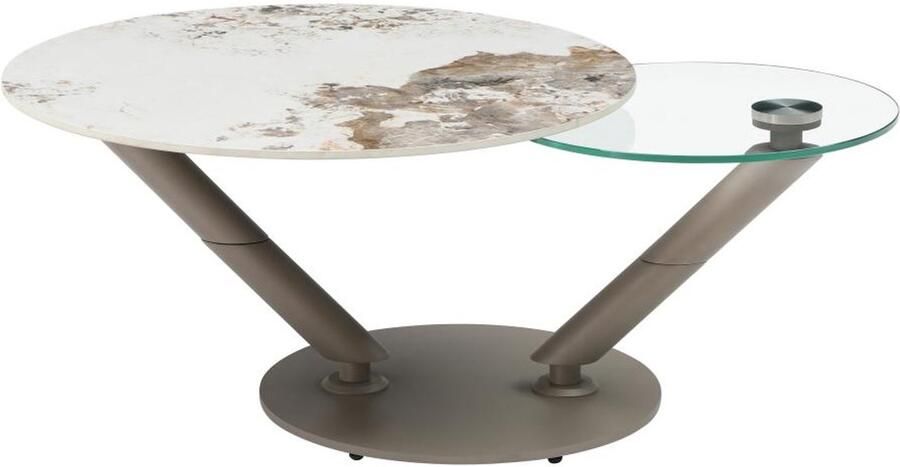 Vente-unique Salontafel met draaiende bladen in keramiek gehard glas en taupe metaal Witte en grijze marmerlook ELDOVA L 130 cm x H 43 cm x D 80 cm