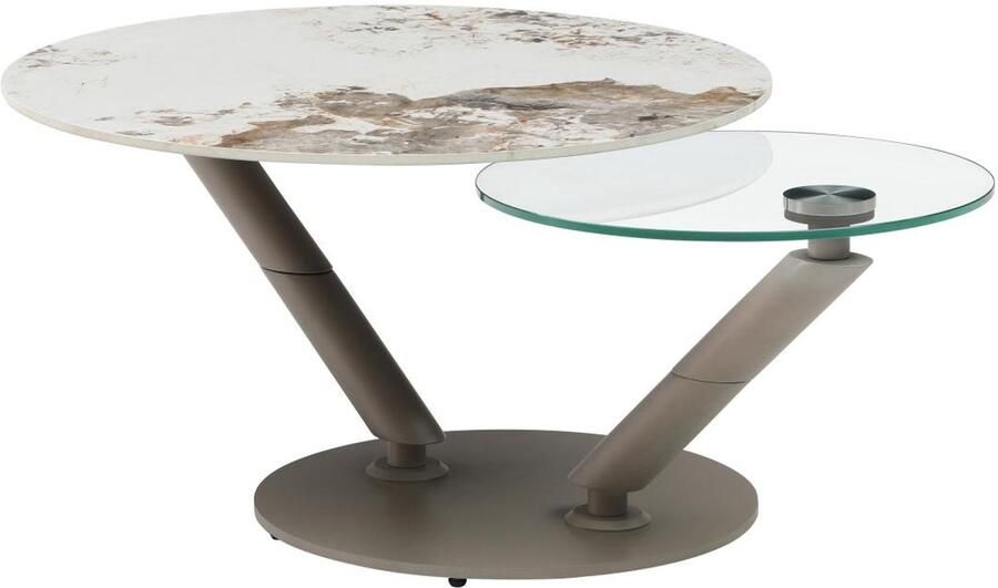 Vente-unique Salontafel met draaiende bladen in keramiek gehard glas en taupe metaal Witte en grijze marmerlook ELDOVA L 130 cm x H 43 cm x D 80 cm - Foto 2