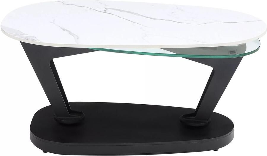 Vente-unique Salontafel met draaiende bladen van keramiek gehard glas en metaal Wit marmereffect NADRYA van Maison Céphy L 155 cm x H 41 cm x D 60 cm