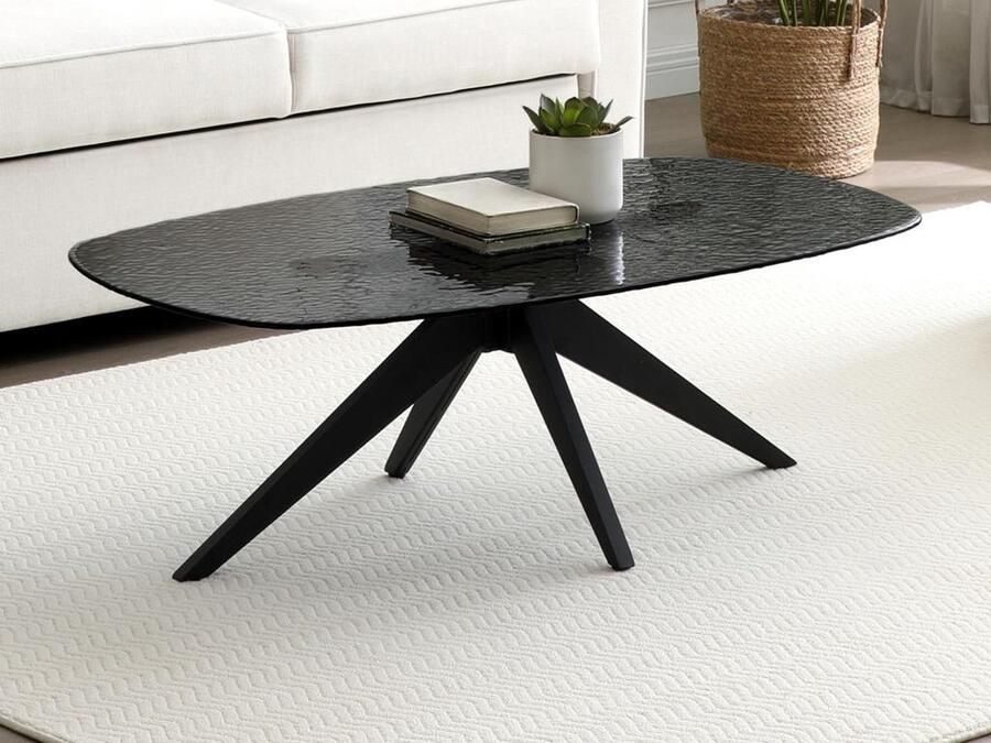 Vente-unique Salontafel van gehard glas met structuur en metaal Zwart LEGRIO van Maison Céphy L 110 cm x H 38 cm x D 70 cm - Foto 2