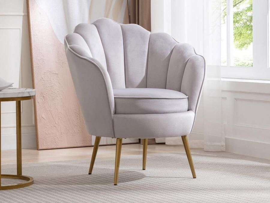 Vente-unique Schelpvormige fauteuil van lichtgrijs velours LALEA L 76 cm x H 88 cm x D 73 cm - Foto 2
