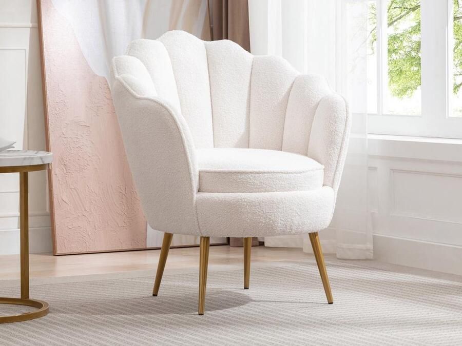 Vente-unique Schelpvormige fauteuil van witte boucléstof LALEA L 76 cm x H 88 cm x D 73 cm