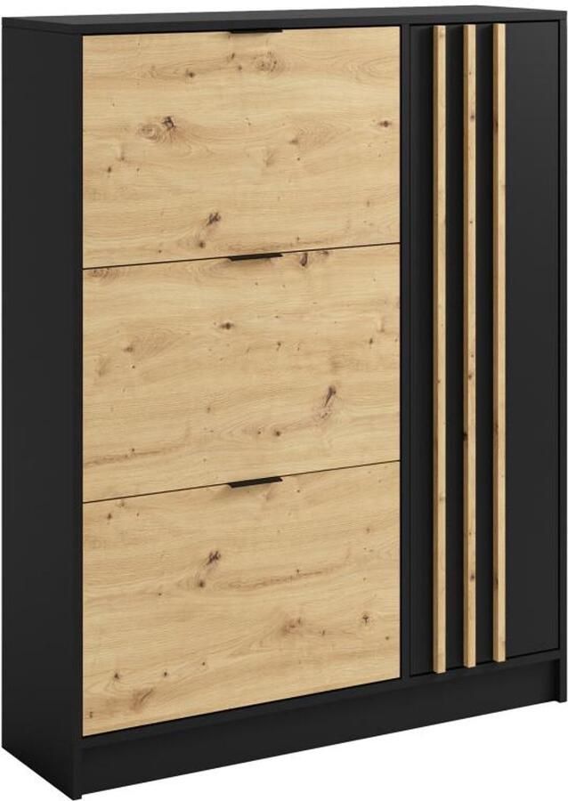 Vente-unique Schoenenkast met 1 deurtje en 3 openklappende compartimenten Houtlook en zwart JANAKIA