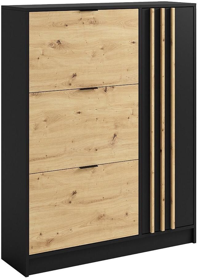 Vente-unique Schoenenkast met 1 deurtje en 3 openklappende compartimenten Houtlook en zwart JANAKIA