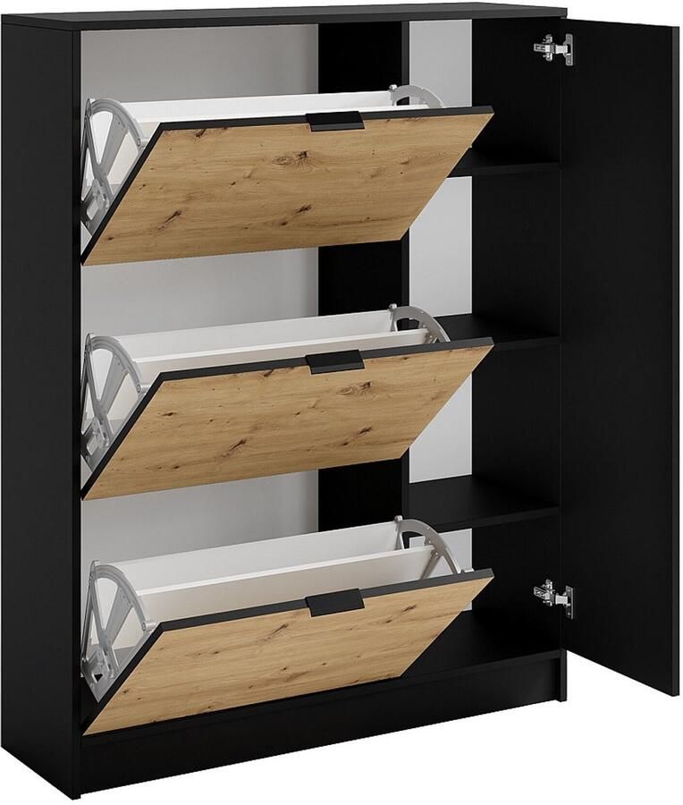 Vente-unique Schoenenkast met 1 deurtje en 3 openklappende compartimenten Houtlook en zwart JANAKIA - Foto 2