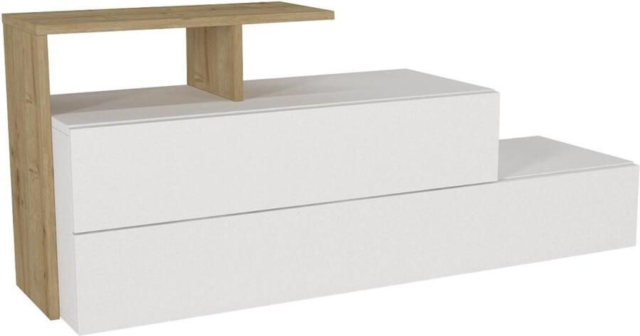 Vente-unique Schoenenkast met 2 deurtjes en 1 legplank Wit en houtlook DAVISTA L 129.8 cm x H 55.1 cm x D 36.8 cm