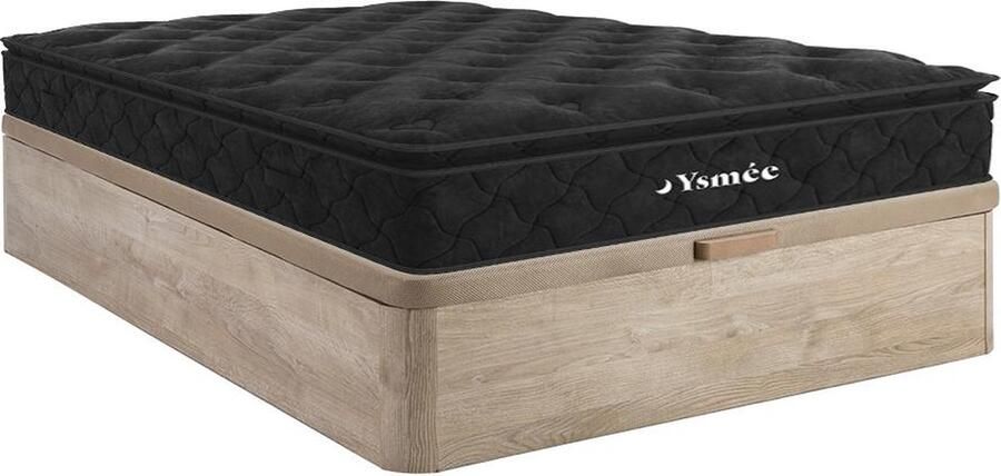 Vente-unique Set 140 x 190 cm bedbodem met opbergruimte licht naturel + matras met pocketveren met ingebouwd dekmatras van 28 cm dik BLACK DREAM van YSMÉE L 190 cm x H 30 cm x D 140 cm