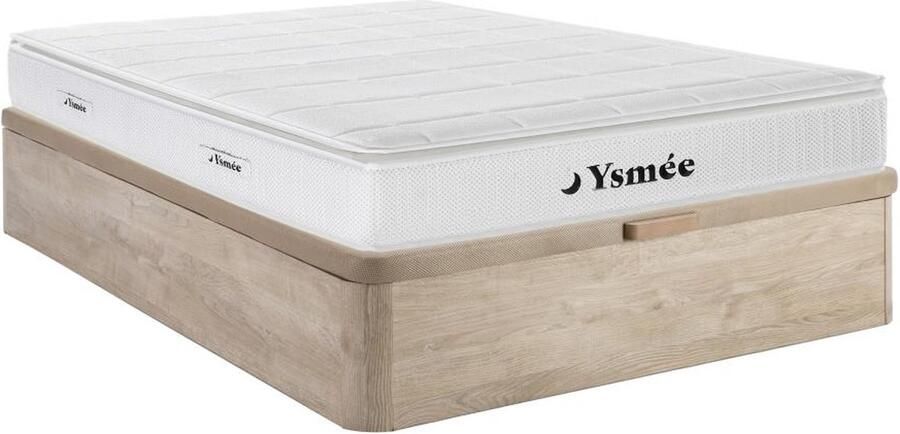 Vente-unique Set 140 x 190 cm bedbodem met opbergruimte lichte houtlook + matras met pocketveren toplaag nanoveren + traagschuim dikte 26 cm MIRI van YSMÉE L 190 cm x H 30 cm x D 140 cm