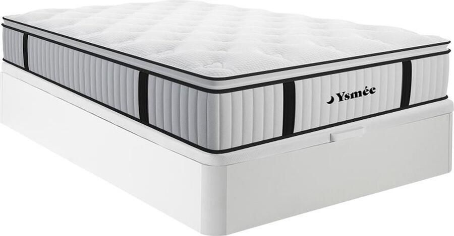 Vente-unique Set 140 x 190 cm bedbodem met opbergruimte wit + matras met pocketveren en ingebouwde dekmatras dikte 28 cm AMERICAN DREAM van YSMÉE L 190 cm x H 30 cm x D 140 cm