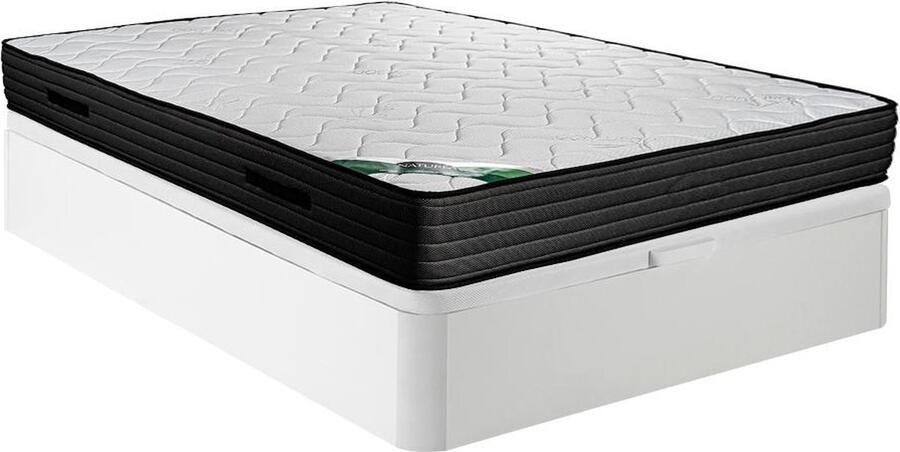 Vente-unique Set 140 x 190 cm bedbodem met opbergruimte wit + matras van schuim en tijk van bamboe van 25 cm dik BERENDI van NATUREA L 190 cm x H 30 cm x D 140 cm