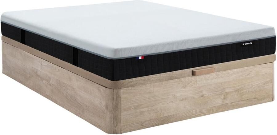 Vente-unique Set 160 x 200 cm bedbodem met opbergruimte in lichte houtlook + hybride brandwerende matras met pocketveren in 9 zones traagschuim en latex 28 cm dik SLOMAS van YSMÉE