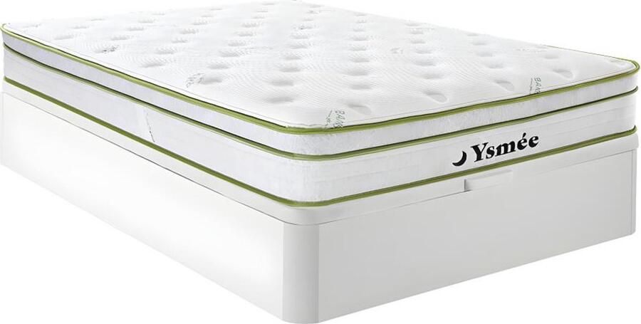 Vente-unique Set 140 x 190 cm bedbodem met opbergruimte wit + matras met pocketveren 5 zones en bamboetijk dikte 28 cm PASIR van YSMÉE L 190 cm x H 30 cm x D 140 cm