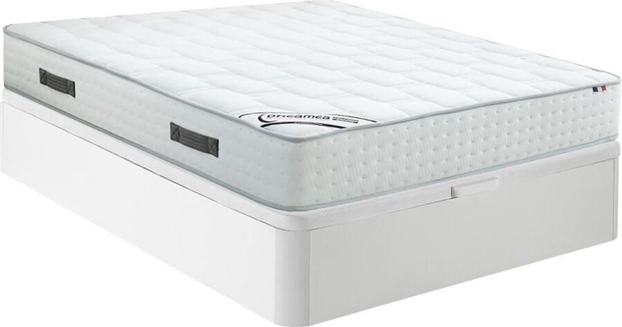 Vente-unique Set 140 x 190 cm bedbodem met opbergruimte wit + hybride matras met pocketveren met 7 zones en schuim met vormgeheugen van 25 cm dik IONIA van DREAMEA L 190 cm x H 30 cm x D 140 cm