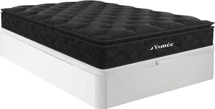 Vente-unique Set 140 x 190 cm bedbodem met opbergruimte wit + matras met pocketveren met ingebouwd dekmatras van 28 cm dik BLACK DREAM van YSMÉE L 190 cm x H 30 cm x D 140 cm