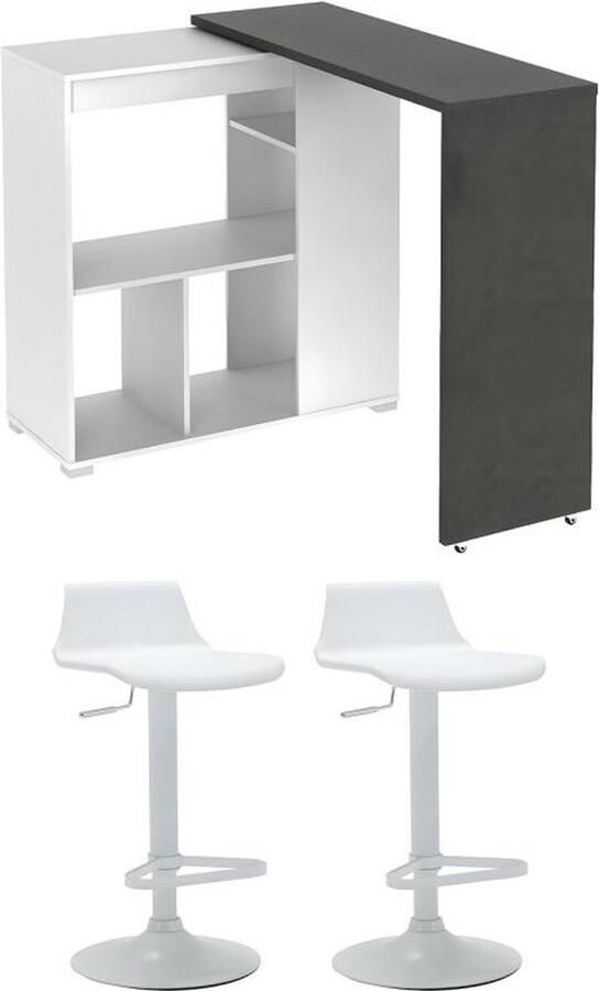 Vente-unique Set bar: Barmeubel SATURNE + 2 barkrukken CALAS Wit en betonkleur L 172 cm x H 100 cm x D 45 cm