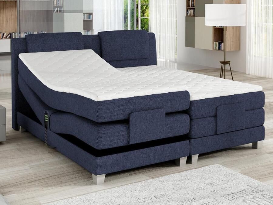 Vente-unique Set boxspring hoofdeinde + bedbodem met elektrische relaxatie + matras + dekmatras CASTEL van PALACIO 2x90x200cm Stof denim L 215 cm x H 112 cm x D 188 cm