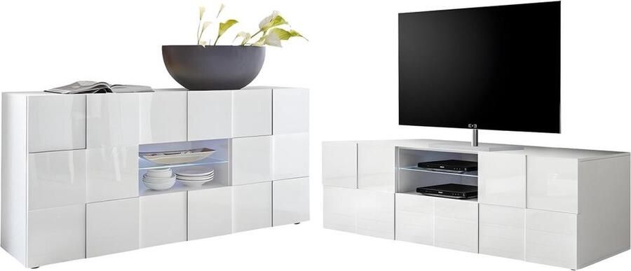 Vente-unique Set buffetkast + TV meubel CALISTO Witgelakt L 181 cm x H 86 cm x D 43 cm