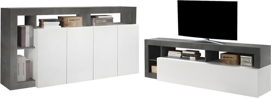 Vente-unique Set buffetkast + TV meubel SEFRO Beton en witgelakt L 184 cm x H 93 cm x D 42 cm