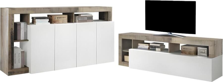 Vente-unique Set buffetkast + TV meubel SEFRO Eiken en witgelakt L 184 cm x H 93 cm x D 42 cm