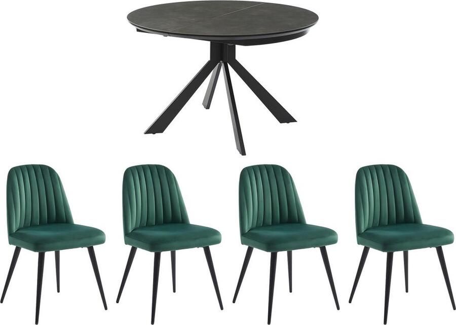 Vente-unique Set eettafel CLARA + 4 stoelen ELEANA Antraciet & groen L 160 cm x H 76 cm x D 120 cm