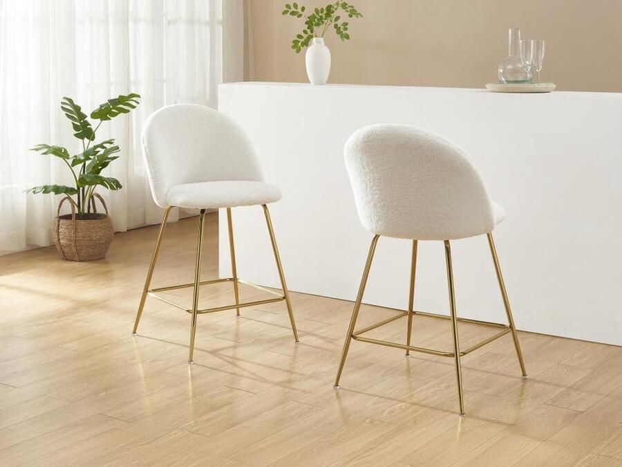 Vente-unique Set van 2 barkrukken in boucléstof en goudkleurig metaal Wit MELBOURNE L 51 cm x H 95 cm x D 58 cm - Foto 2