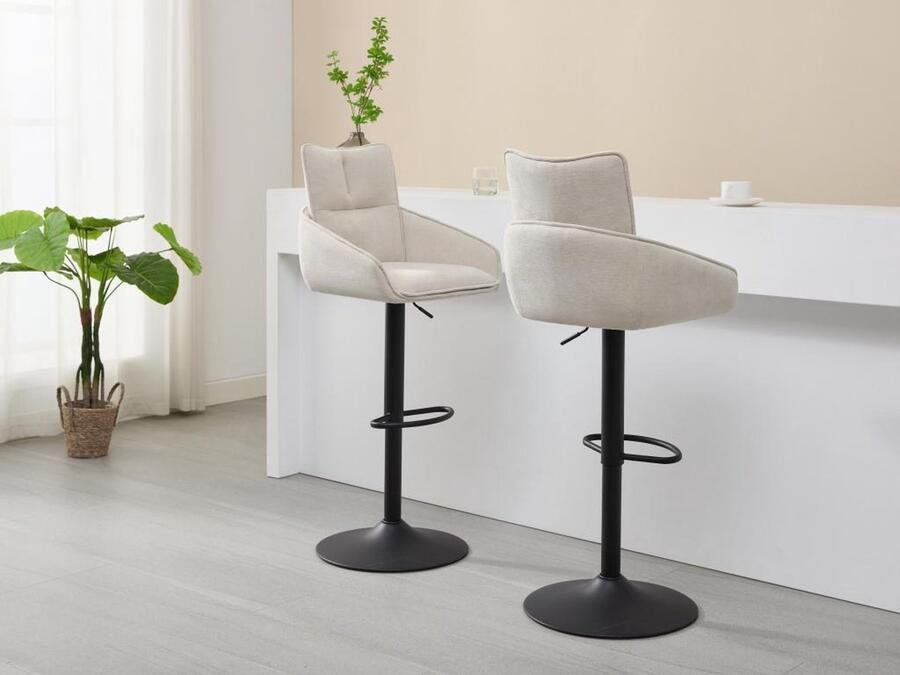 Vente-unique Set van 2 barkrukken van stof en zwart metaal Verstelbare hoogte Crèmewit LIKOLIA L 51 cm x H 116 cm x D 54 cm - Foto 2