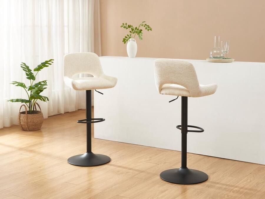 Vente-unique Set van 2 barkrukken van stof met textuur en zwart metaal Verstelbare hoogte Crèmewit MAYENO L 49.5 cm x H 110 cm x D 52 cm - Foto 2