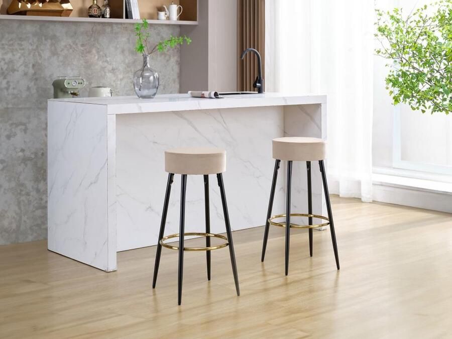 Vente-unique Set van 2 barkrukken van velours en zwart staal Beige en goudkleurig BELINIO I L 39 cm x H 77 cm x D 39 cm