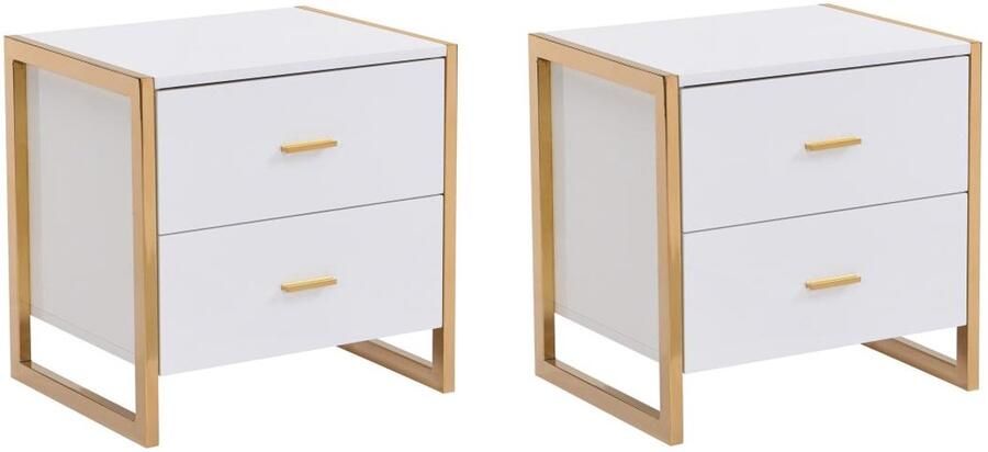 Vente-unique Set van 2 nachtkastje met 2 lades Mdf Wit gelakt en goud OMBRELIA van Pascal Morabito L 50 cm x H 50 cm x D 40 cm