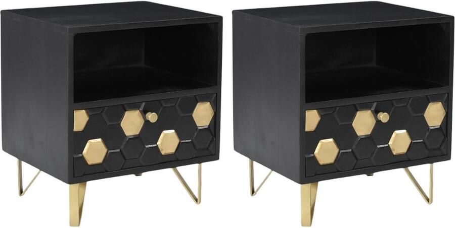 Vente-unique Set van 2 nachtkastjes 1 lade en 1 nis Mangohout en metaal Zwart en goudkleurig BELORI L 45 cm x H 50 cm x D 38 cm - Foto 2