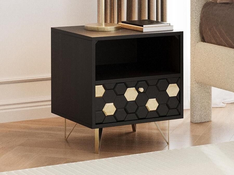 Vente-unique Set van 2 nachtkastjes 1 lade en 1 nis Mangohout en metaal Zwart en goudkleurig BELORI L 45 cm x H 50 cm x D 38 cm