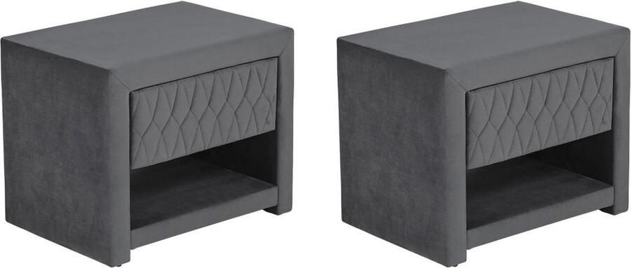 Vente-unique Set van 2 nachtkastjes – 1 lade en 1 opbergvak – Fluweel – Grijs – DANIELE L 50 cm x H 41 cm x D 35 cm