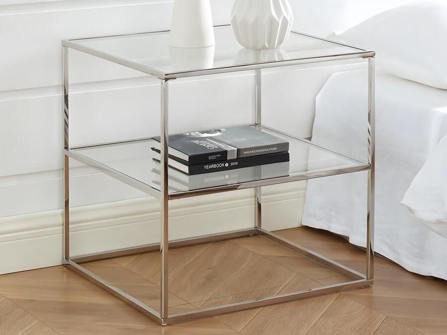 Vente-unique Set van 2 nachtkastjes – 1 legplank – Gehard glas en staal – Zilverkleurig – KOHANA L 50 cm x H 50 cm x D 50 cm - Foto 2