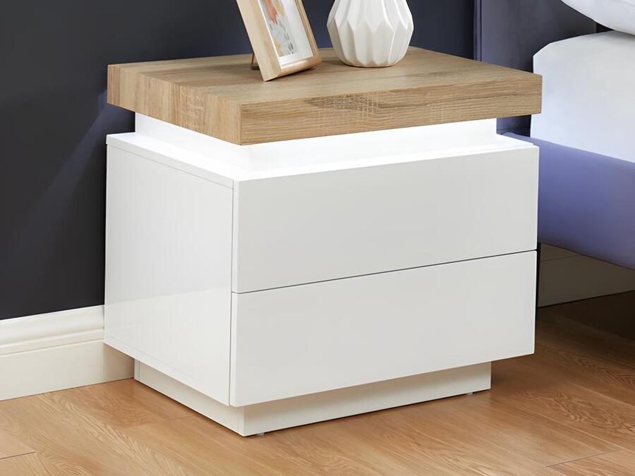 Vente-unique Set van 2 nachtkastjes 2 lades Gelakt mdf Met ledverlichting wit en eiken HALO II L 55 cm x H 50 cm x D 40 cm
