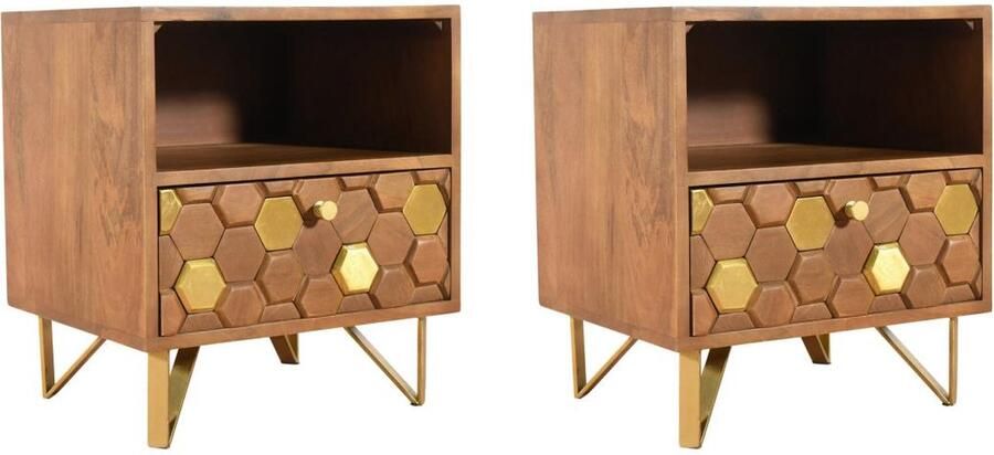 Vente-unique Set van 2 nachtkastjes met 1 lade en 1 nis Mangohout en metaal Naturel en goud BELORI L 45 cm x H 50 cm x D 38 cm