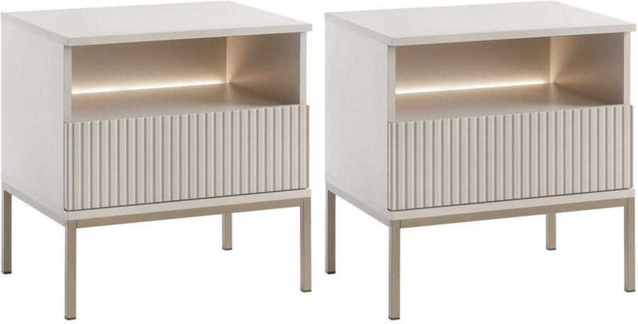 Vente-unique Set van 2 nachtkastjes met 1 lade en 1 nis Met ledverlichting Mdf en gerookt glas Beige OVILA L 53.6 cm x H 56.2 cm x D 39 cm
