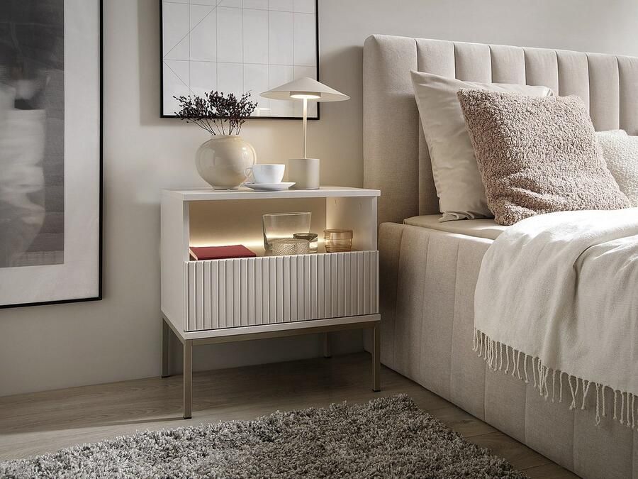 Vente-unique Set van 2 nachtkastjes met 1 lade en 1 nis Met ledverlichting Mdf en gerookt glas Beige OVILA L 53.6 cm x H 56.2 cm x D 39 cm - Foto 2