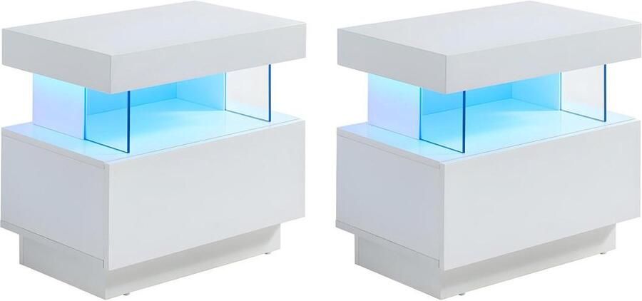 Vente-unique Set van 2 nachtkastjes met 1 lade en 1 nis Met ledverlichting Mdf Wit gelakt FABIO II L 57 cm x H 52 cm x D 39 cm - Foto 2