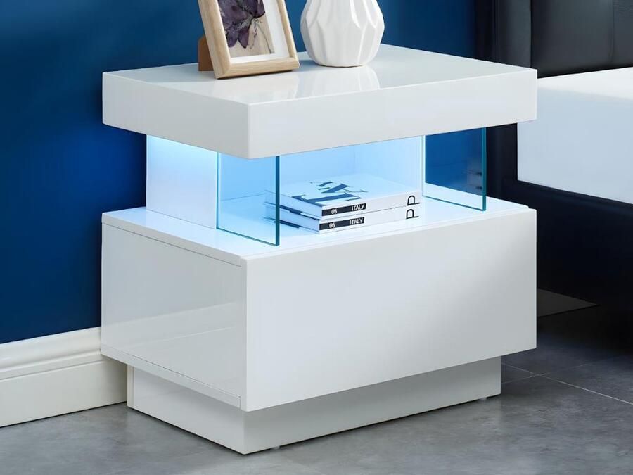 Vente-unique Set van 2 nachtkastjes met 1 lade en 1 nis Met ledverlichting Mdf Wit gelakt FABIO II L 57 cm x H 52 cm x D 39 cm