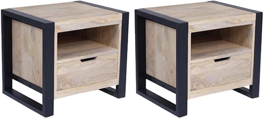 Vente-unique Set van 2 nachtkastjes met 1 lade en 1 vak Mangohout en metaal houtlook en zwart HARLEM II L 50 cm x H 45 cm x D 40 cm