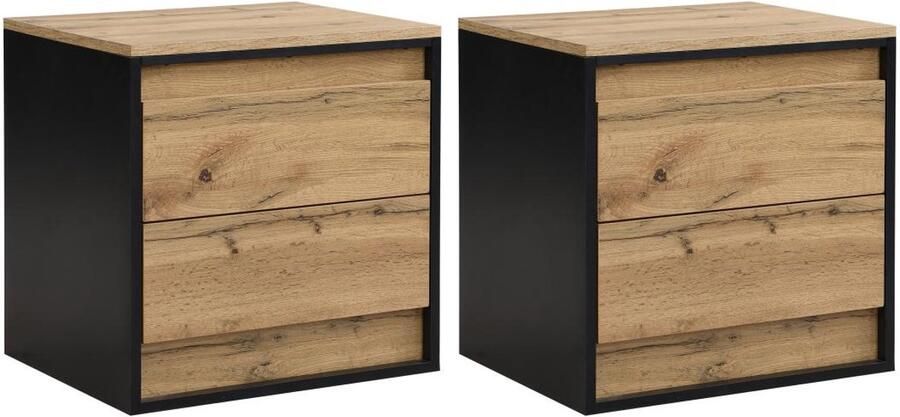 Vente-unique Set van 2 nachtkastjes met 2 lades Met ledverlichting Mdf naturel en zwart RUKALO L 50 cm x H 50 cm x D 40 cm